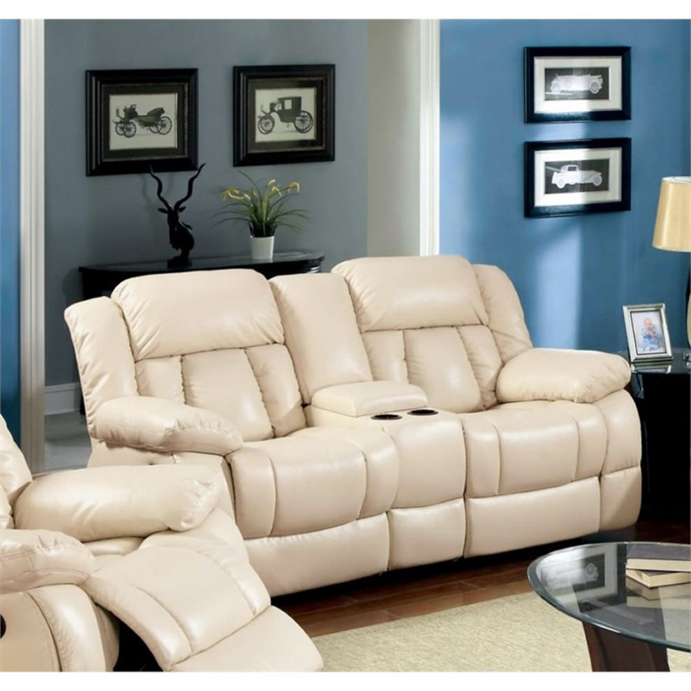 Bowery Hill Faux Leather Upholstered Reclining Loveseat in Ivory   Contemporary   Loveseats   by Homesquare  Houzz