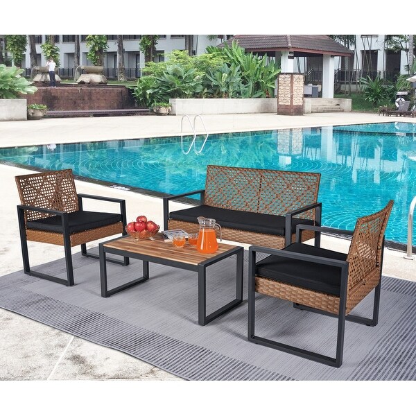 4Piece Acacia Wood Table Top Patio Furniture Conversation Set for Balcony Porch Garden Backyard Lawn