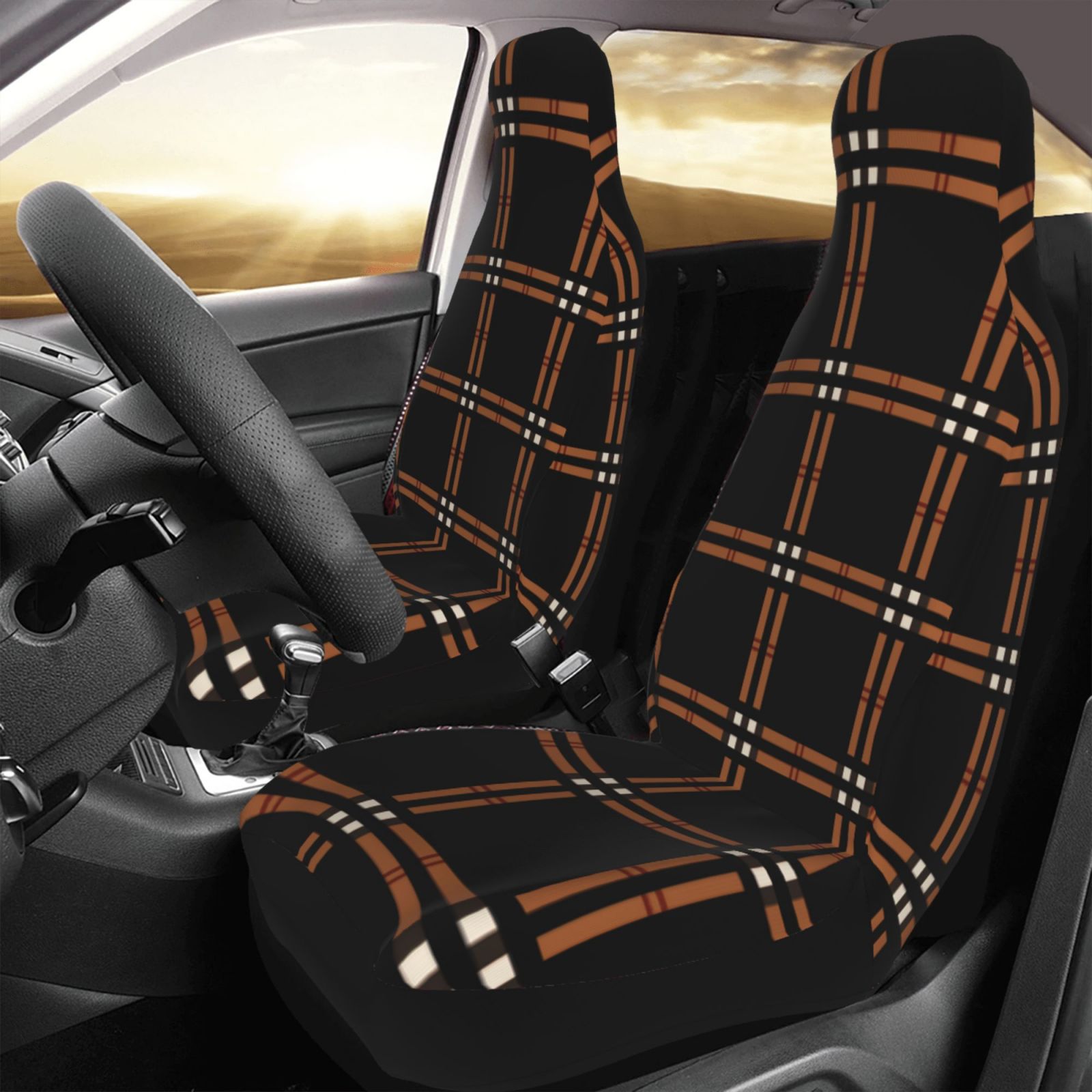 TEQUAN Front Seat Covers， Brown Plaid Stripes Pattern 2 Piece Car Seat Cover Fit Most Car SUV Truck Van