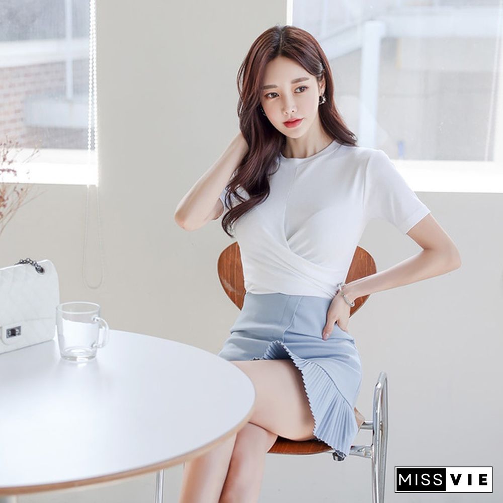 Women's Outfits Skirt Two Piece Set Summer New Office Lady Fashion White Cotton Short Sleeve Tshirt + Slim Mini Skirt Suits