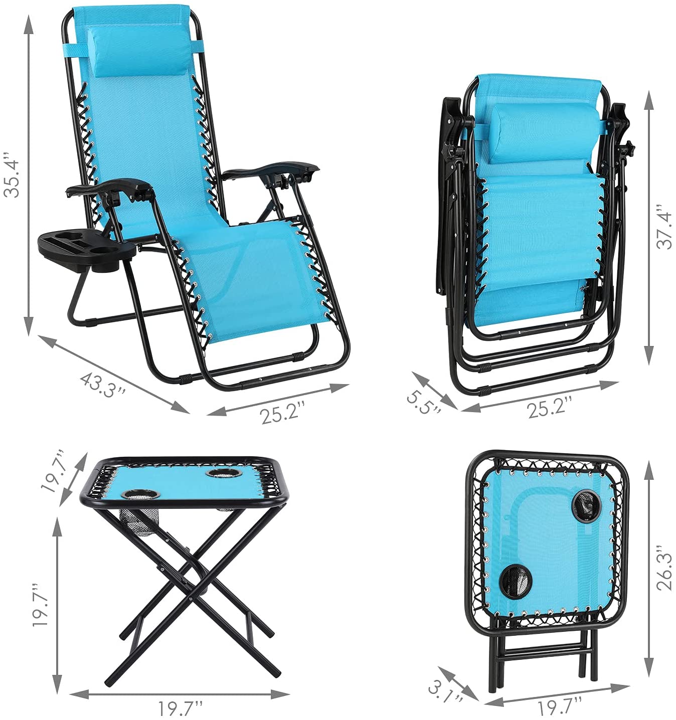 OKVAC 3Pcs Outdoor Zero Gravity Chair Foldable Patio Lounge Chair