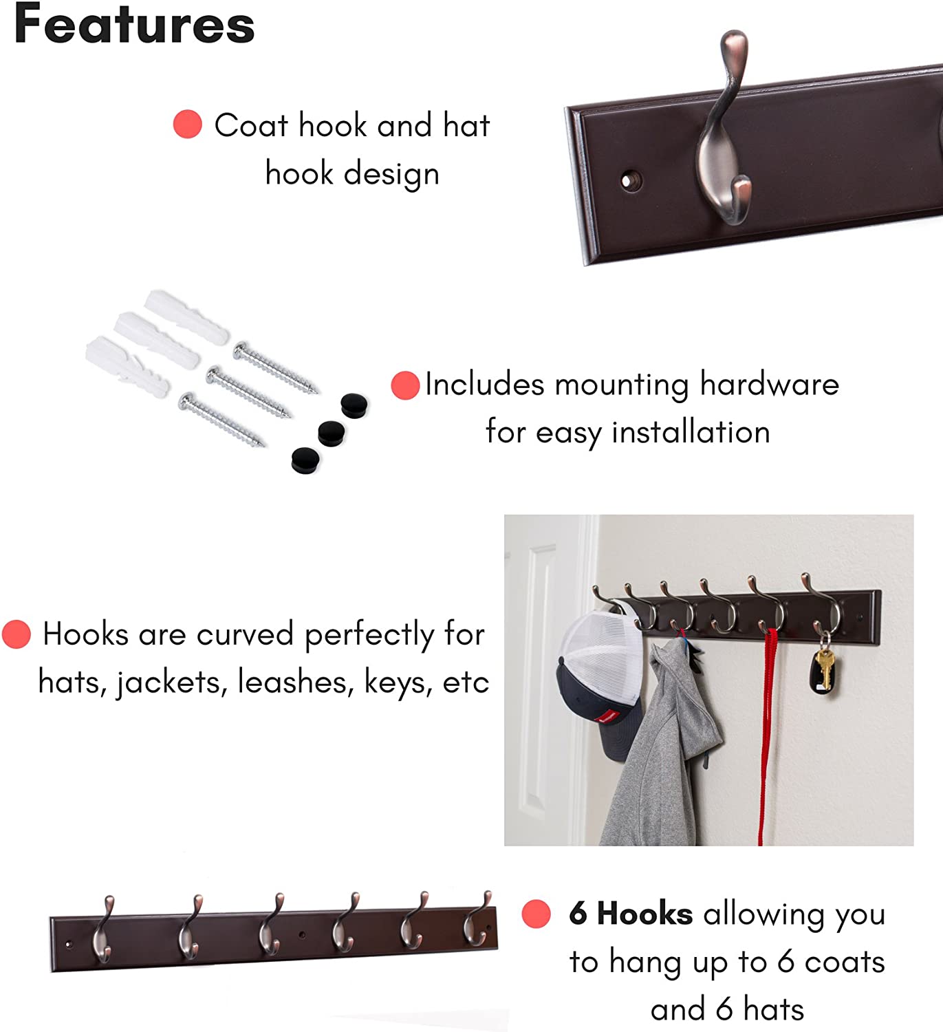 BirdRock Home Hook Coat and Hat Rack - 6 Hooks - 27 Inches - Wall Mount - Decorative Home Storage - Entryway Foyer Hallway Bathroom Bedroom Rail - Oil Rubbed Bronze Hooks - Dark Brown