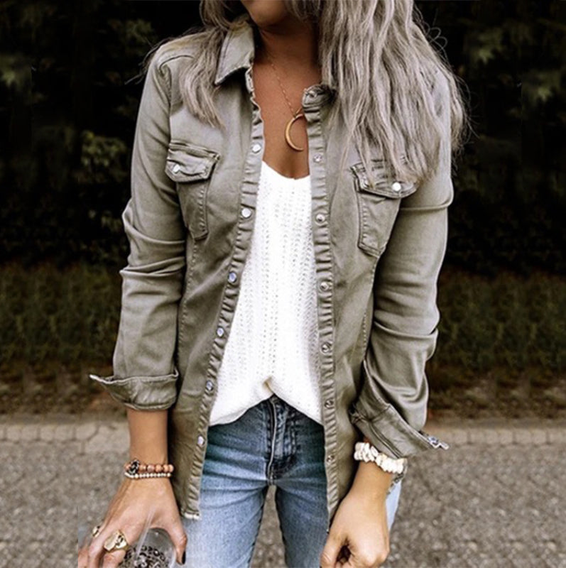 Solid Color Lapel Neck Pleated Denim Jacket