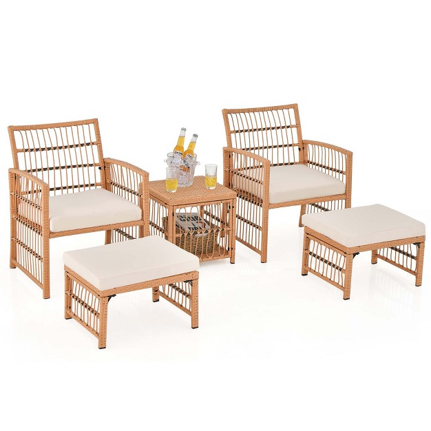 Costway 5 Piece Patio Rattan Wicker Conversation Set With 2 tier Coffee Table amp 2 Ottomans