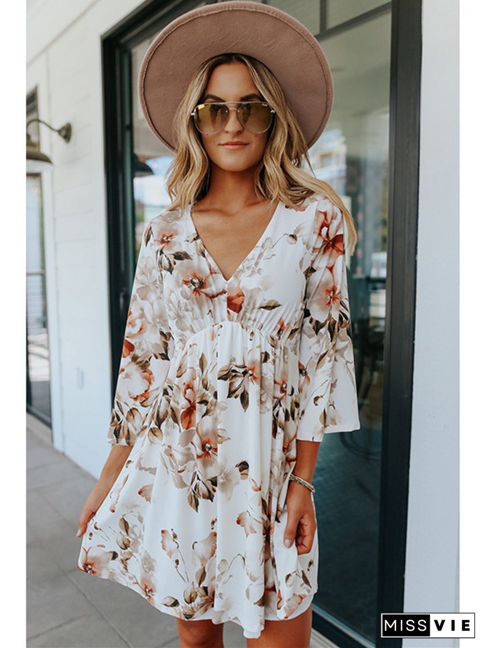 Floral Dress V-neck Pullover Knee Length Skirt