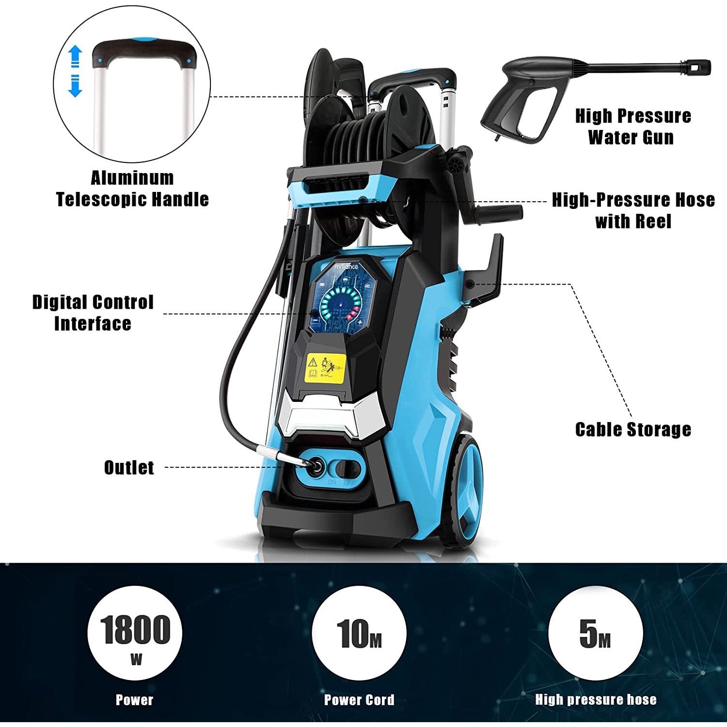 TEANDE Electric Pressure Washer 2.1GPM Smart High Pressure Power Washer 1800W Powerful Cleaner Machine with Hose Reel, 4 Nozzles, Touch Screen 3 Gear Level,15 Level Pressure