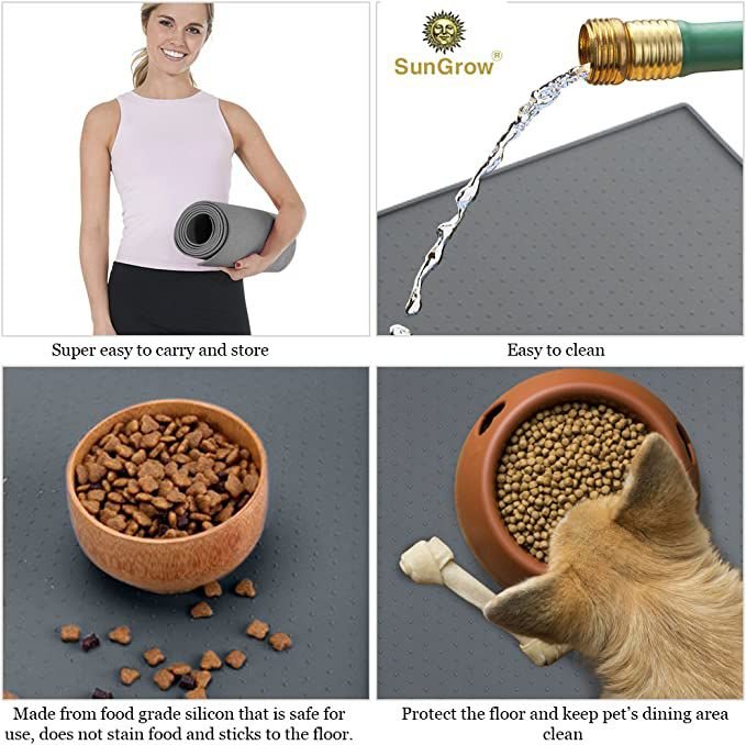 SunGrow Cat and Dog Food Mat for Treats and Water Bowls， Waterproof and Non-Slip Silicone Pet Feeding Pad