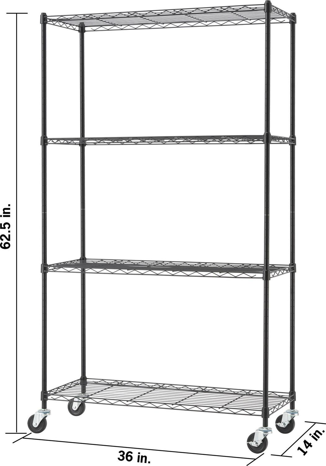 TRINITY Basics 36 W x 14 D x 62.5 H 4-Shelf NSF Wire Shelving Unit With Casters， 1000 lb Capacity， Black