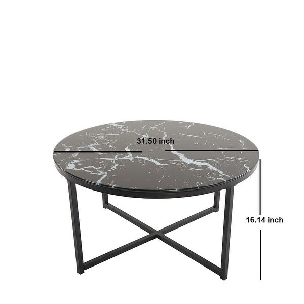 EPOWP Cross Legs Glass Coffee Table with Metal Base， Marble Black Color Top