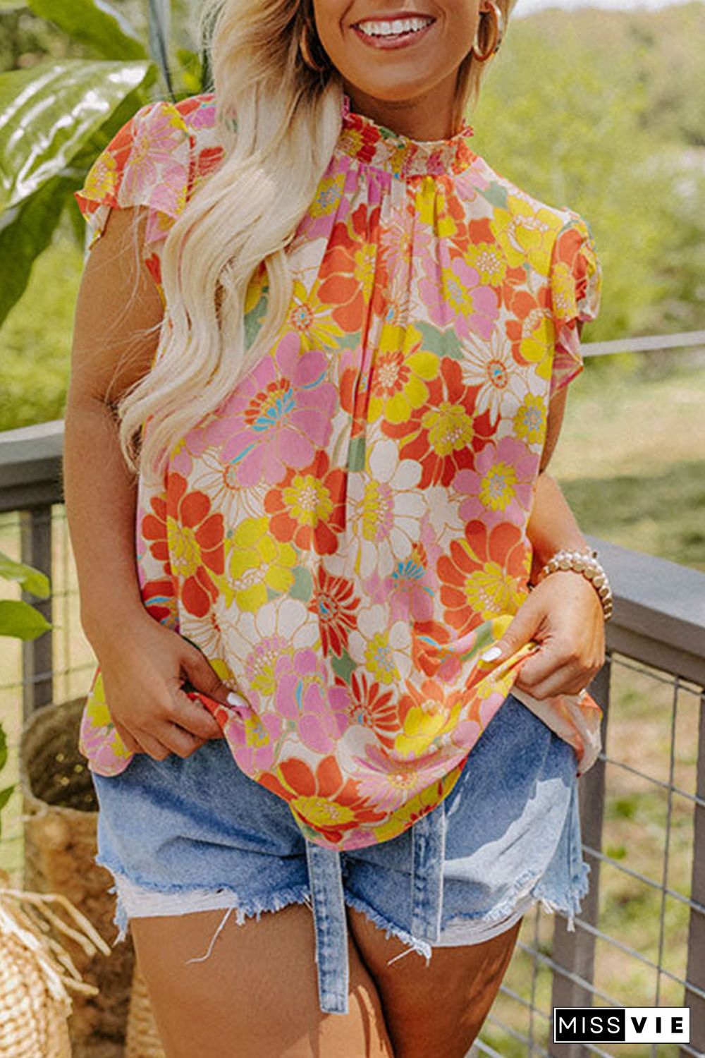 Multicolor Plus Size Mock Neck Ruffle Sleeve Floral Blouse