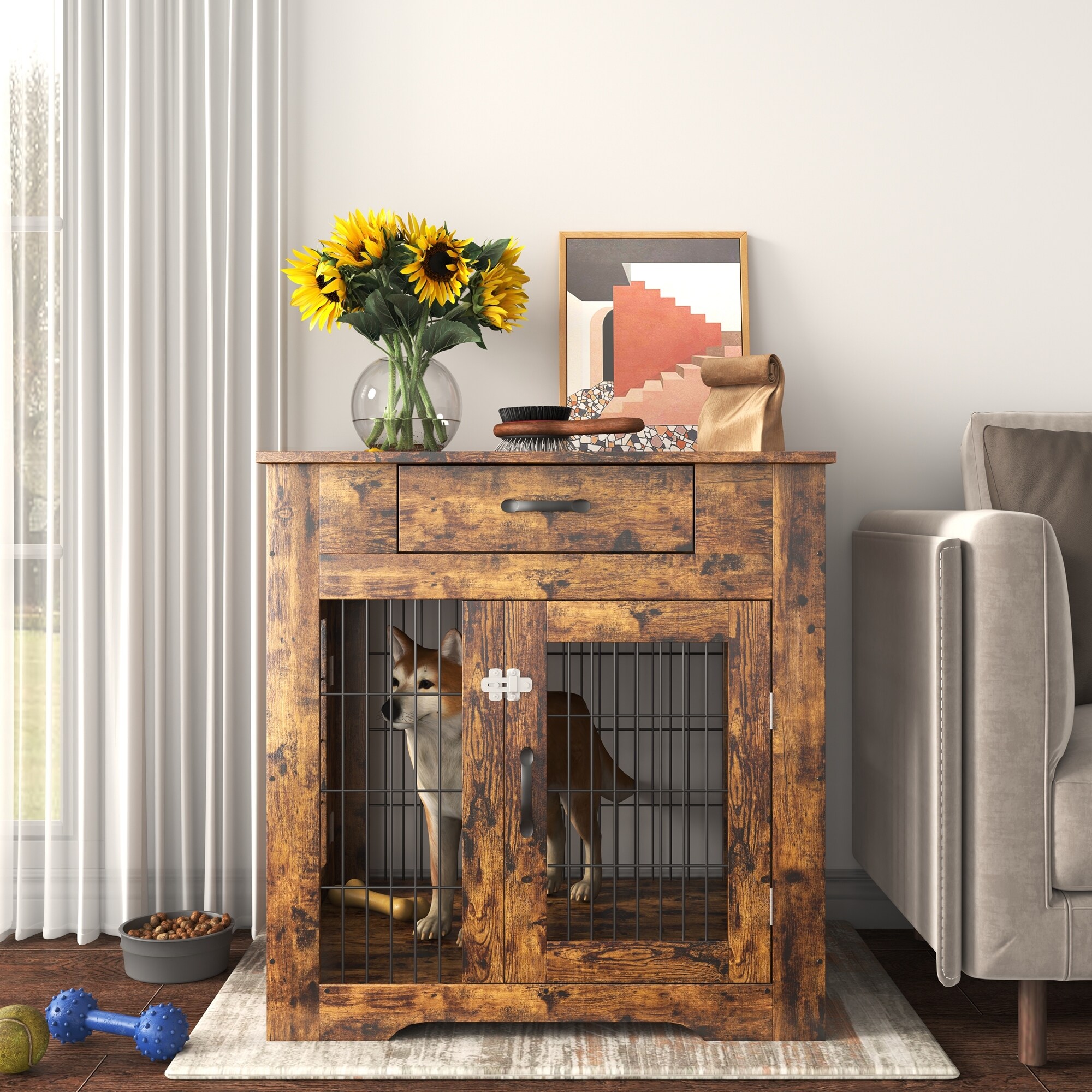 Dog Crate End Table with Drawer， with Double Doors