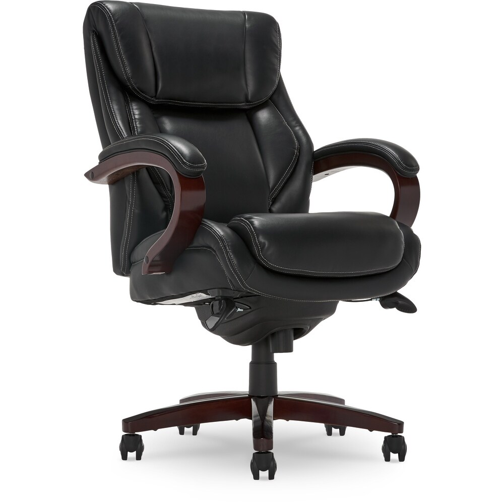 La Z Boy Bellamy Executive Leather Office Chair with Memory Foam Cushions  Solid Wood Arms and Base  Waterfall Seat Edge