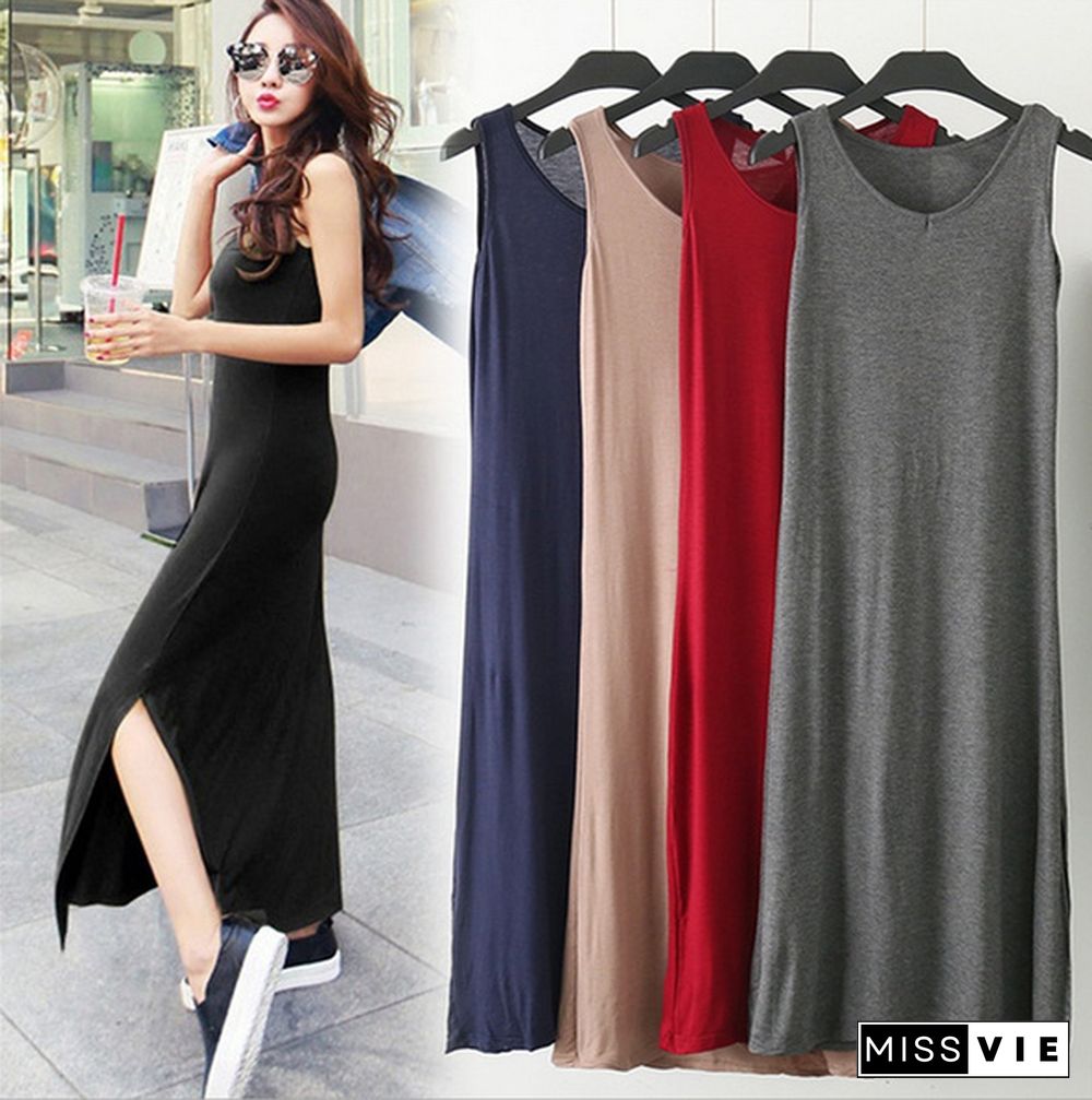 Hot Sale Summer Korean Version Of Modle Double Uv Collar Fork Fork Long Skirt Sleeveless Slim