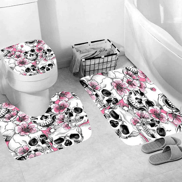 Skull Print Pink Flowers 3 Piece Carpet Set