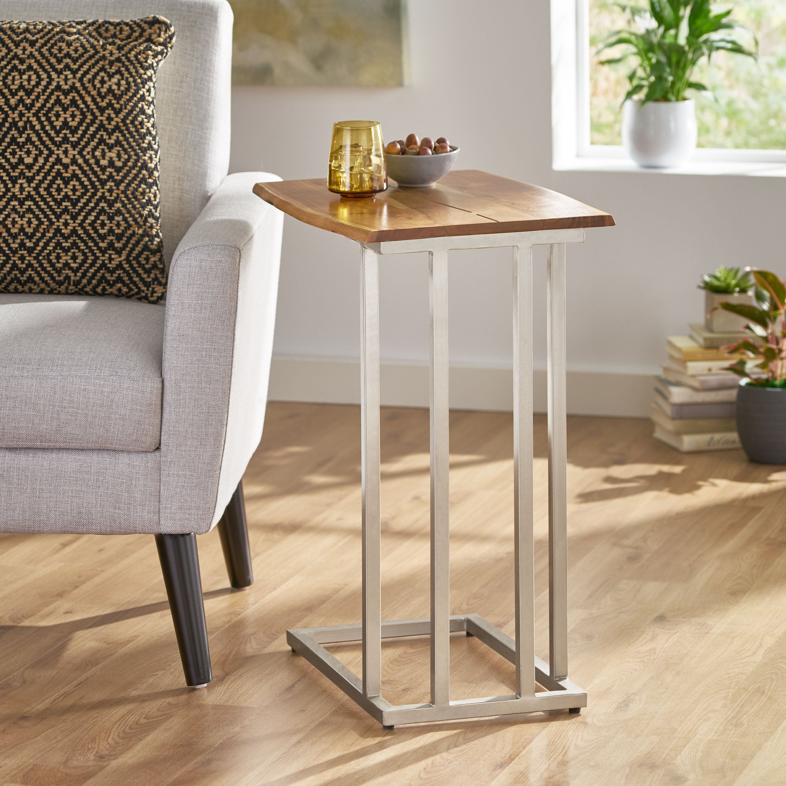 Archie McManus Rustic Glam Handcrafted C-Shaped End Table, Natural and Silver