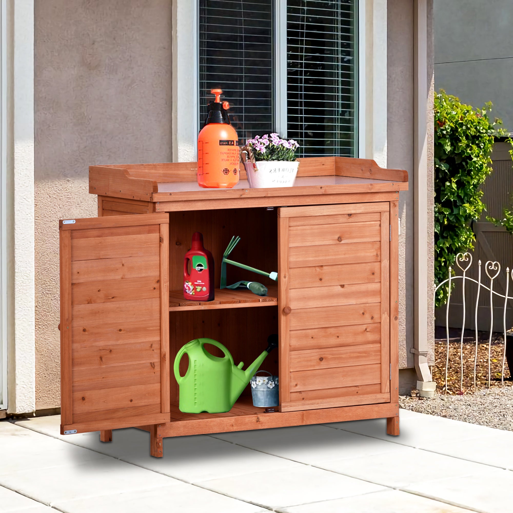 LYPER Outdoor 39" Potting Bench Table, Rustic Garden Wood Workstation Storage Cabinet Garden Shed with 2-Tier Shelves and Side Hook, Orange