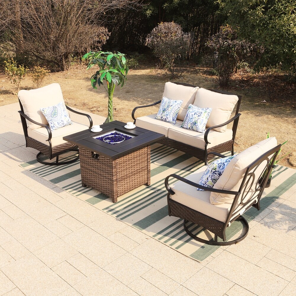 Wicker Patio Conversation Set with Gas Fire Pit Table