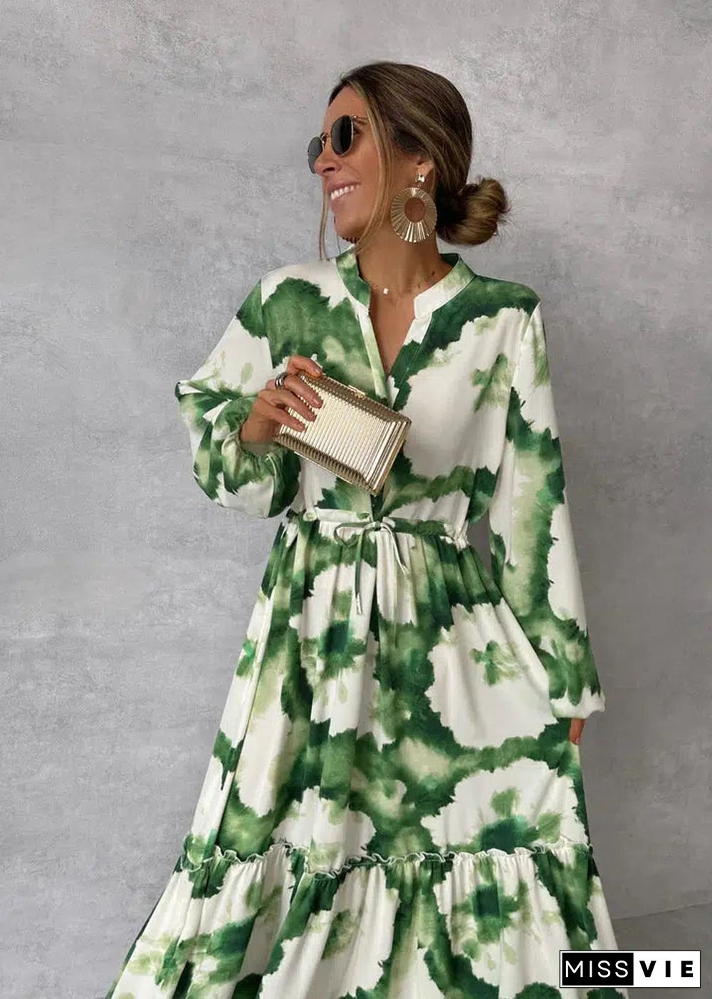 Green Long Sleeve V-Neck Maxi Dress