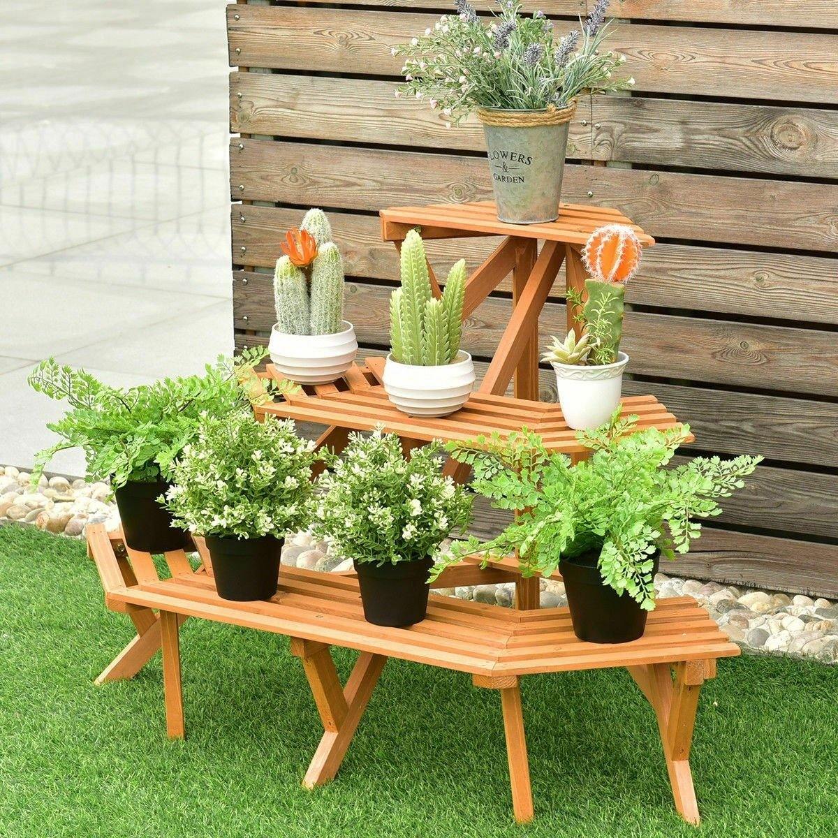 3 Tiers Wooden Corner Ladder Flower Plant Stand Display Shelf