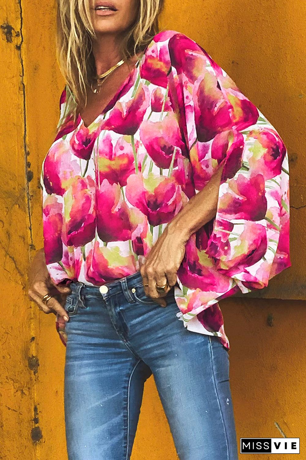 V Neck Floral Loose Cover Up Top