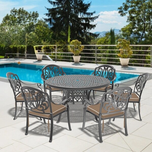 5/7Piece Cast Aluminum Outdoor Dining Set with 48.03 in. Round Table and Random Color Cushions