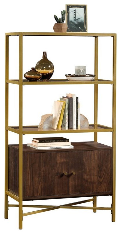 Sauder Harper Heights 3 Glass Shelf Bookcase in Rich Walnut and Gold   Contemporary   Bookcases   by Homesquare  Houzz