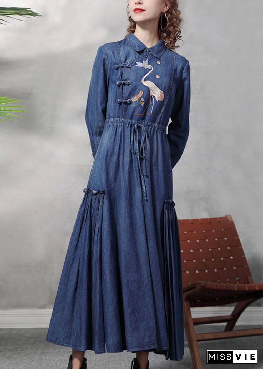 Plus Size Blue drawstring wrinkled Peter Pan Collar Embroideried Patchwork Cotton Maxi Dresses Long Sleeve