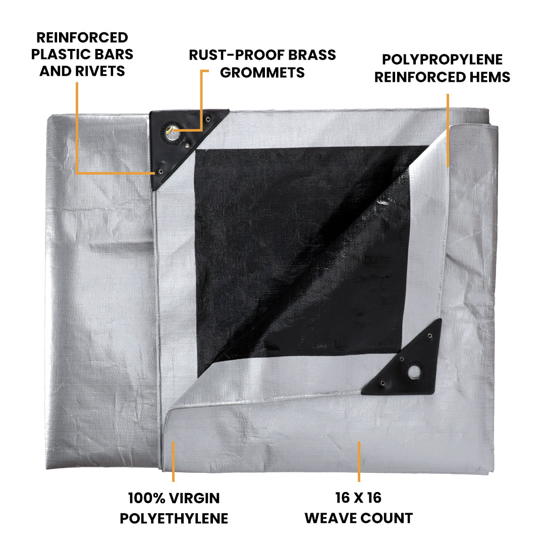 WHITEDUCK 6' x 8' Super Heavy Duty Poly Tarp Thick 16 Mil, Waterproof 100% UV Resistant Rip/Tear Proof Tarp w/Rustproof Grommets & Reinforced Edges (Silver Black)