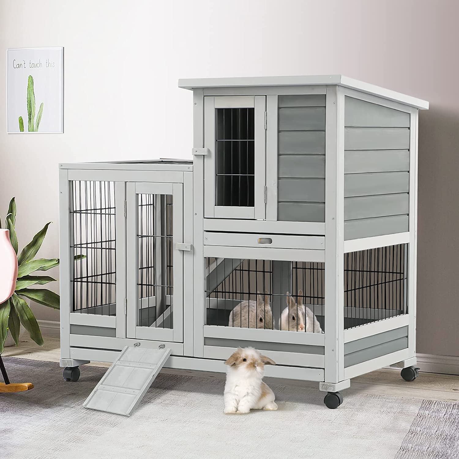 YODOLLA Indoor Rabbit Hutch Bunny Cage Large Pet House for Small Animal with Wheels