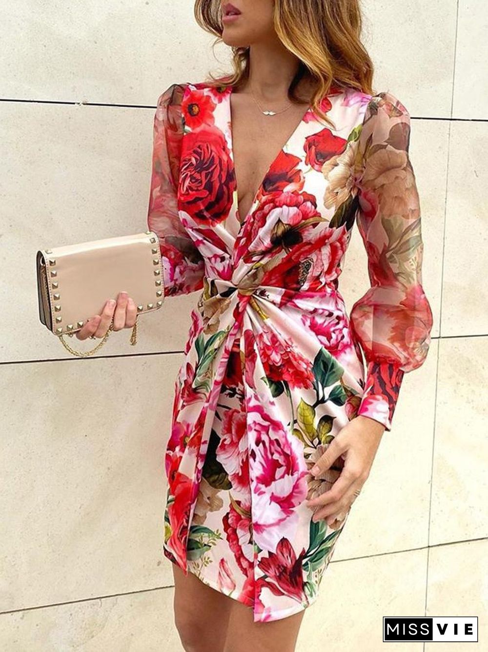 Deep V-Neck Printed Long Sleeve Mini Dress