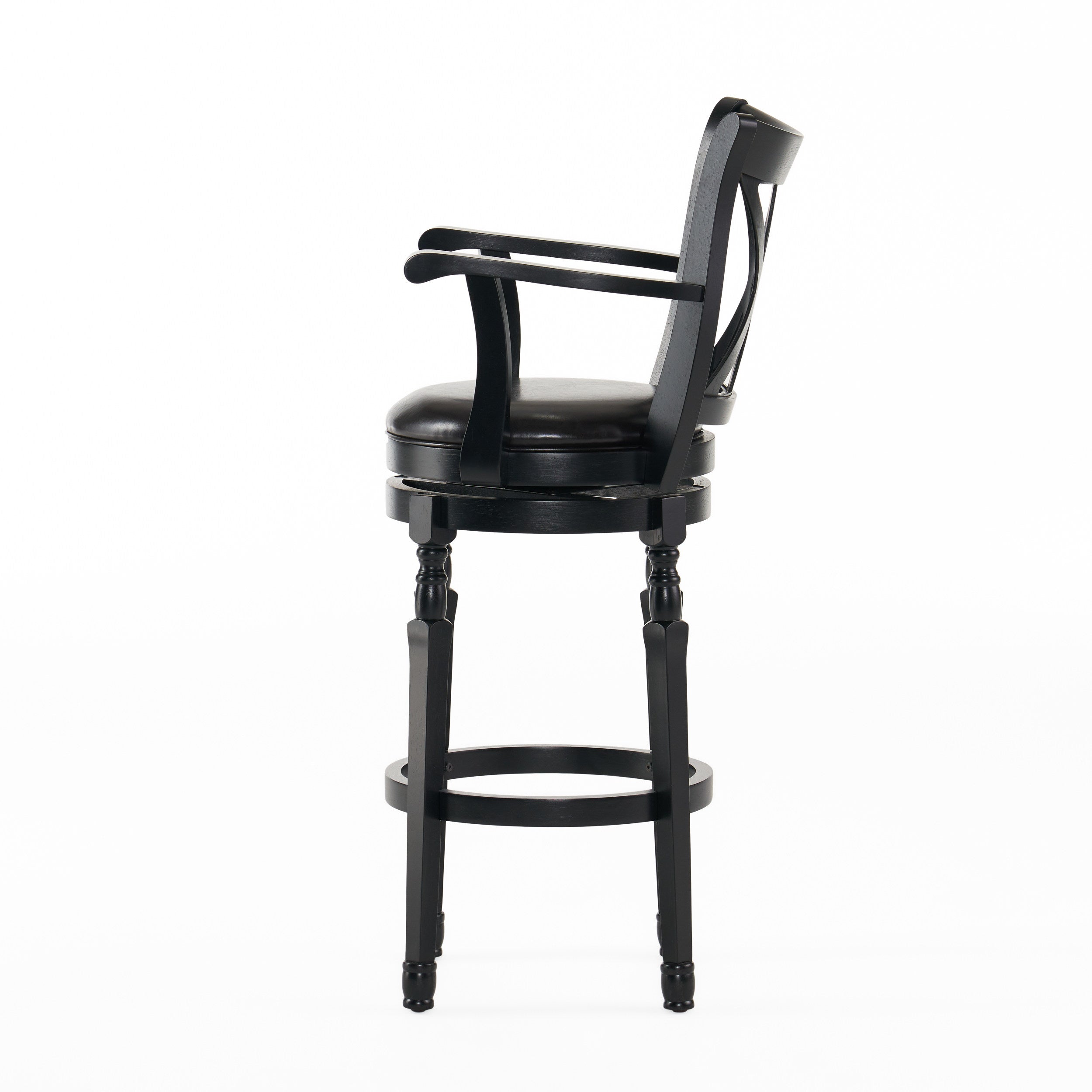 Montreal Farmhouse Black Bonded Leather Swivel Barstool with Arms