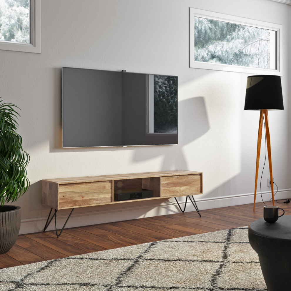 Hunter Solid Mango Wood 68 quotTV Media Stand For TVs up to 75 quot  Midcentury   Entertainment Centers And Tv Stands   by Simpli Home Ltd.  Houzz