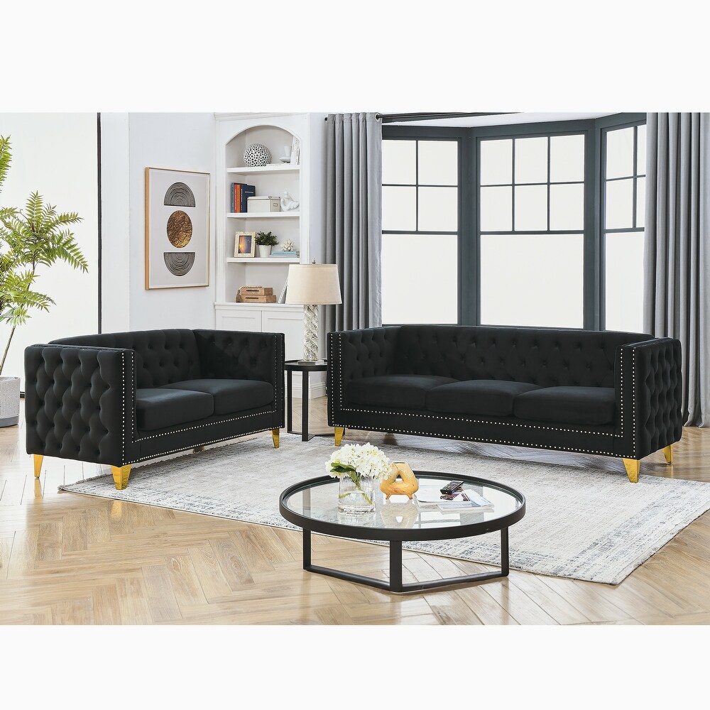 3+2 Seater Loose Back Sofa Velvet Sectional Sofa Set w/Nailheads  Black   3seat + 2seat