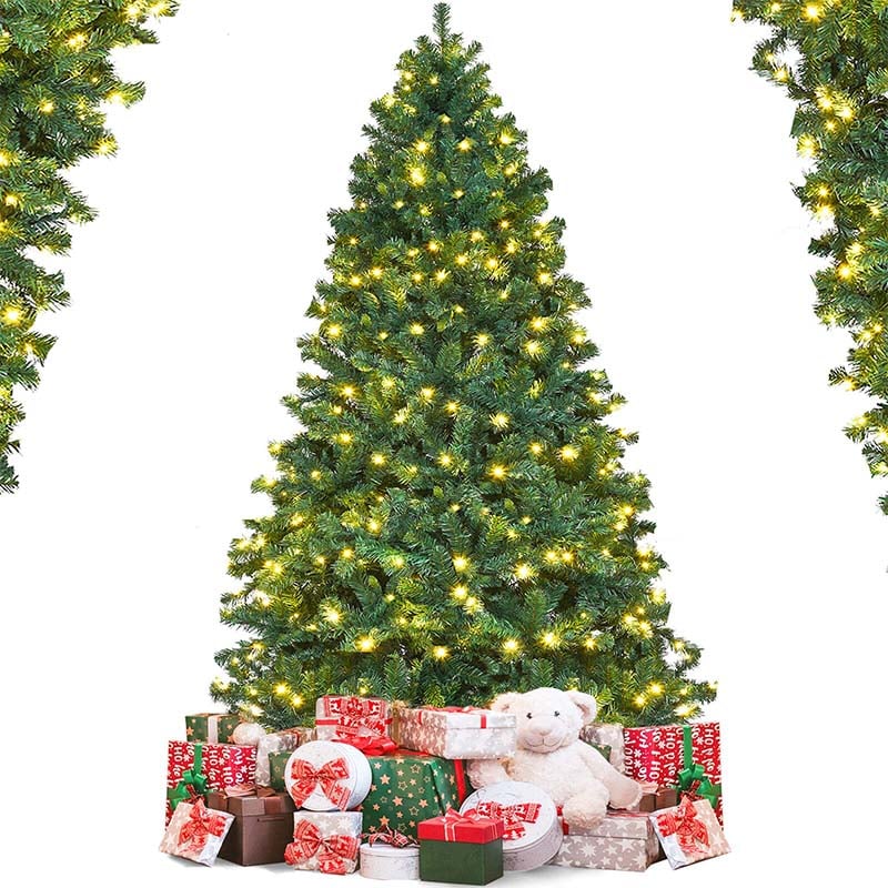 7 FT Green Pre-Lit Artificial Christmas Tree with 300 Warm White LED Lights & 1096 Hinged Branch Tips