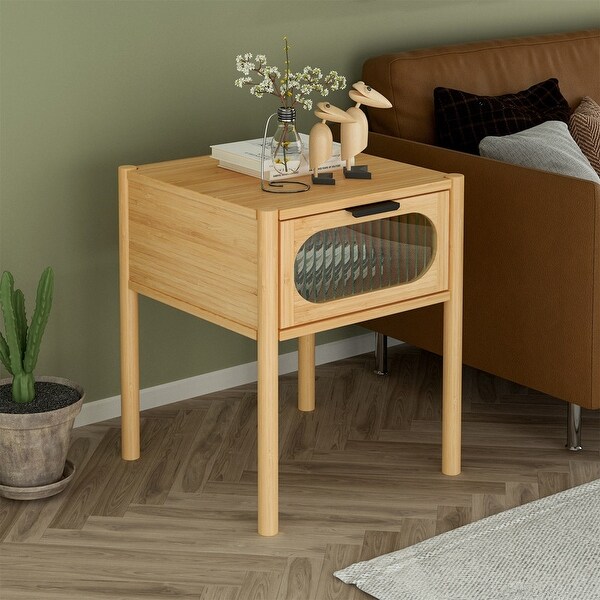 Natural bamboo nightstand， modern end table with 1 translucent drawer and metal handle - - 37987921