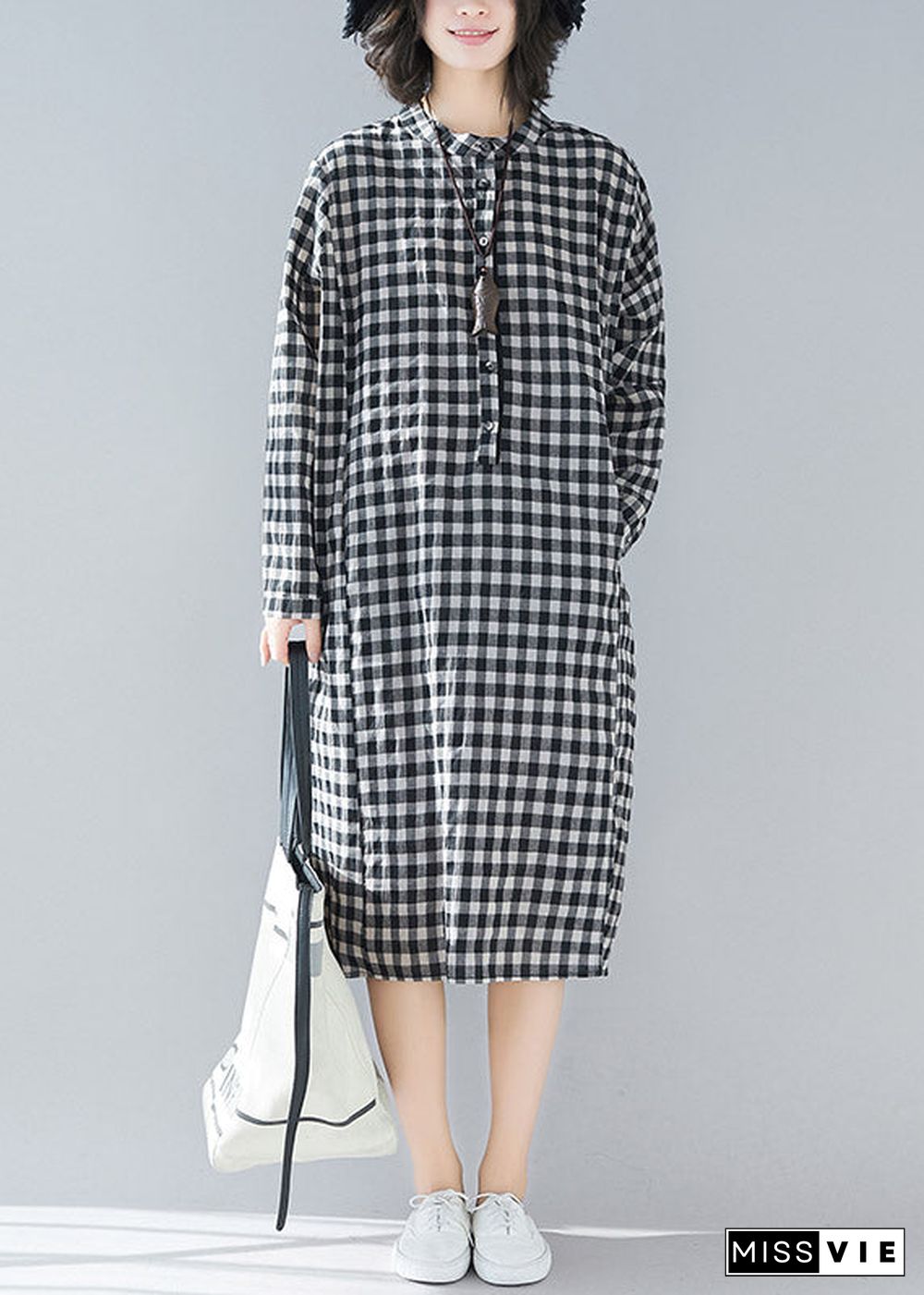 Plus Size Black White Plaid Stand Collar Pockets Side Open Linen Dresses Long Sleeve