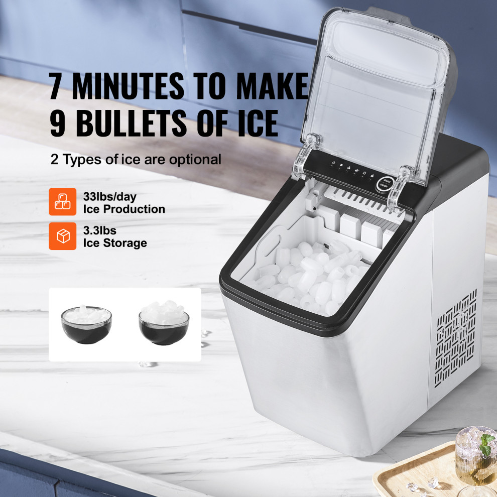 VEVOR Stainless Steel Countertop Ice Maker 33Lbs/24H Bullet Ice Cube Machine   Modern   Ice Makers   by RABBIT HORSE INC  Houzz