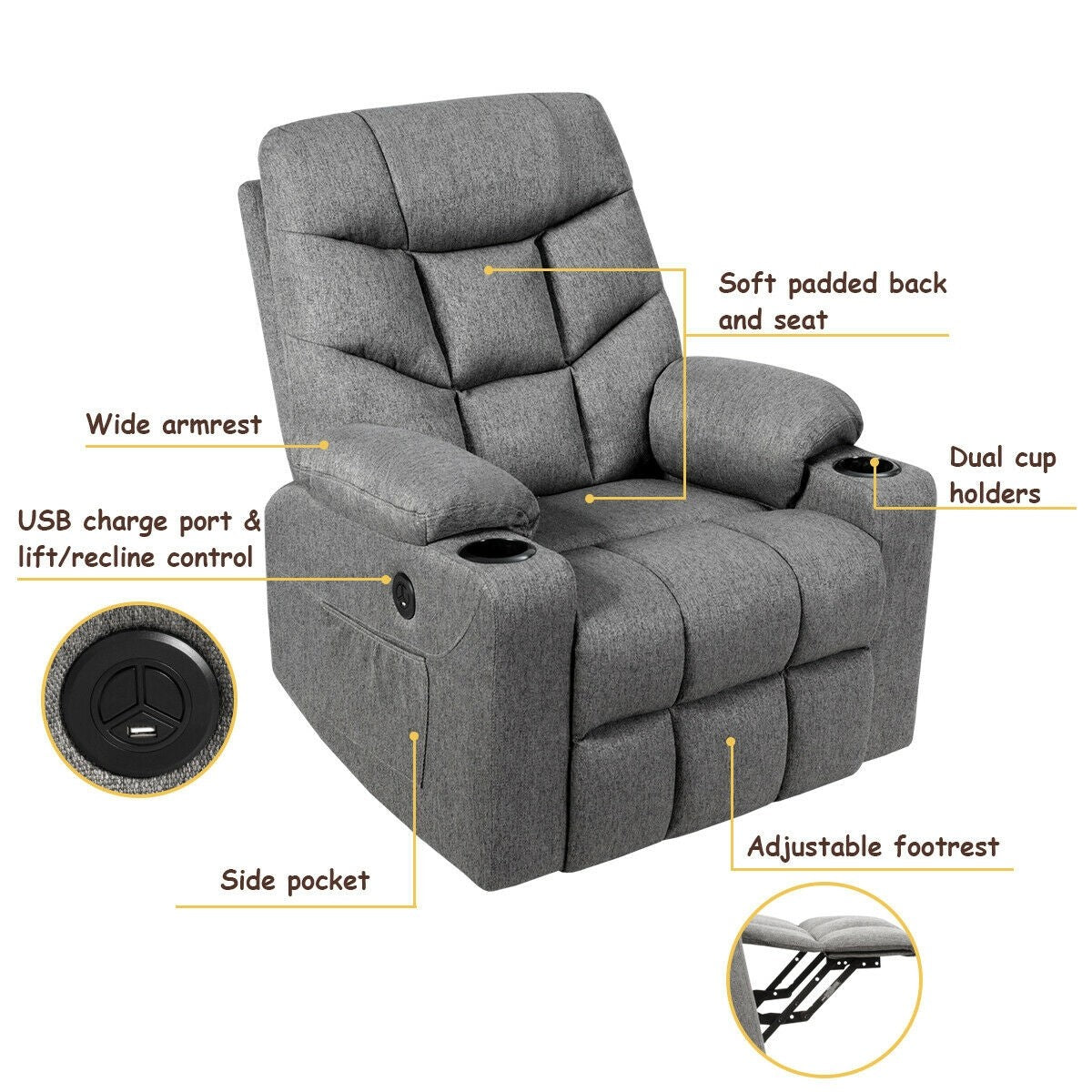 Power Lift Chair w/ 8 Point Massage & Lumbar Heat & 2 Side Pockets Cup Holders USB Charge Port