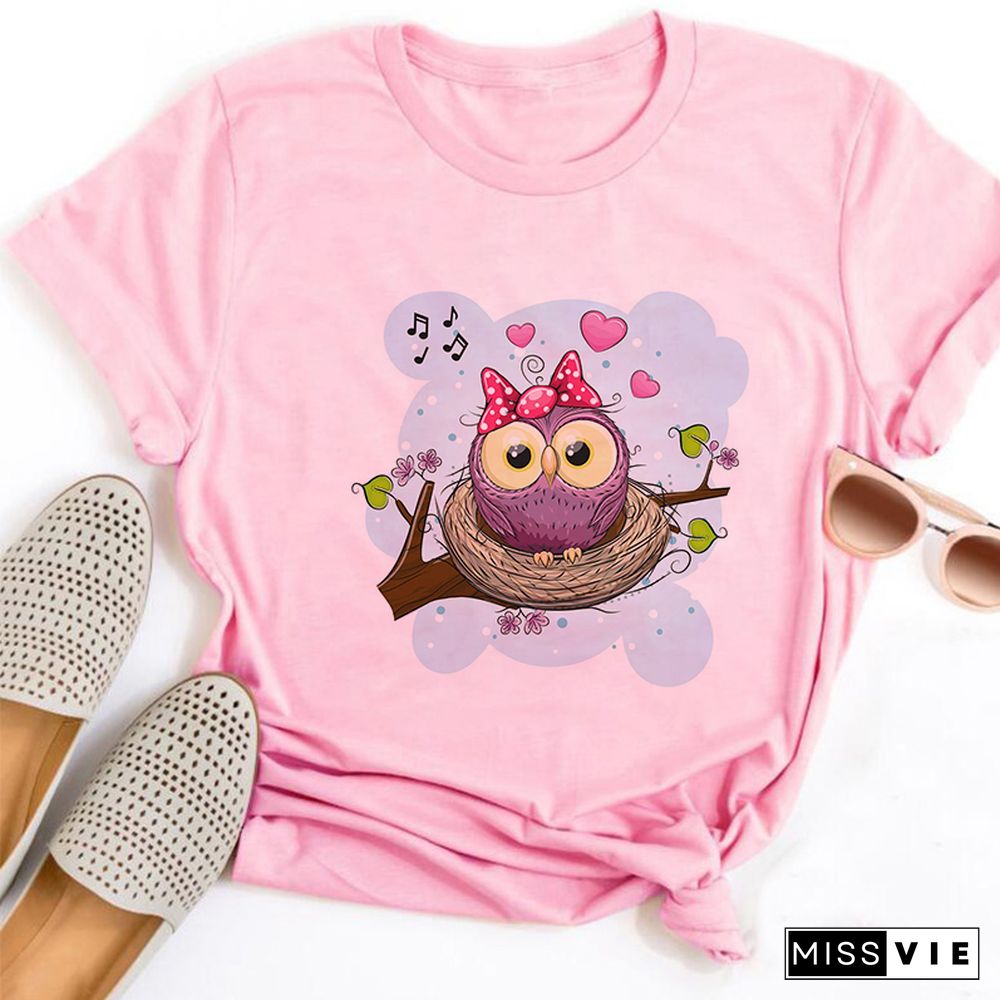 Gothic Women Cute Owl Printed T-Shirt All Seasons Fashion Thin Short Sleeve Tees Harajuku Casual Pink Top Female Clothing Tshirt