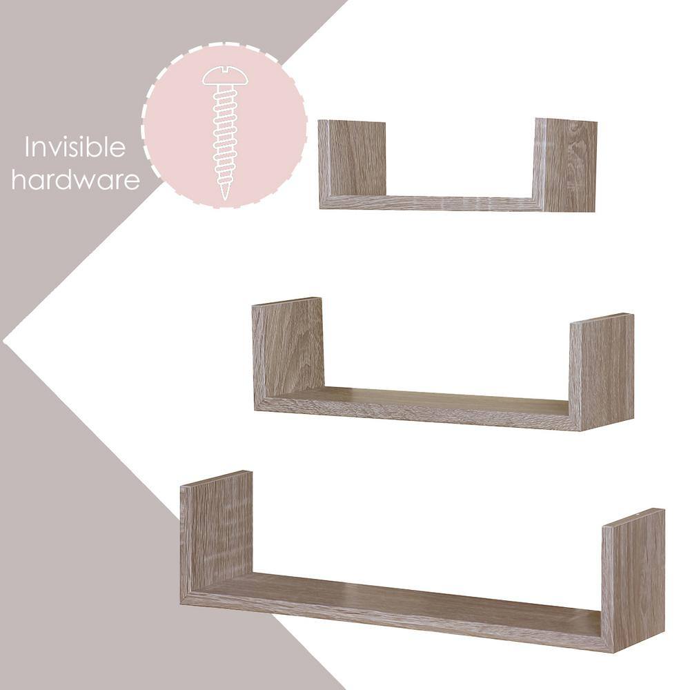 Home Basics 16.62in x 3.75in x 4in Oak Floating U Shape Shelves (Set of 3) HDC94949