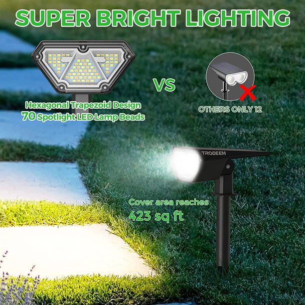 TRODEEM 70 LEDs Solar Landscape Spotlights， 4 Modes Cold and Warm White Dimmable Solar Outdoor Spot Lights IP67 Waterproof