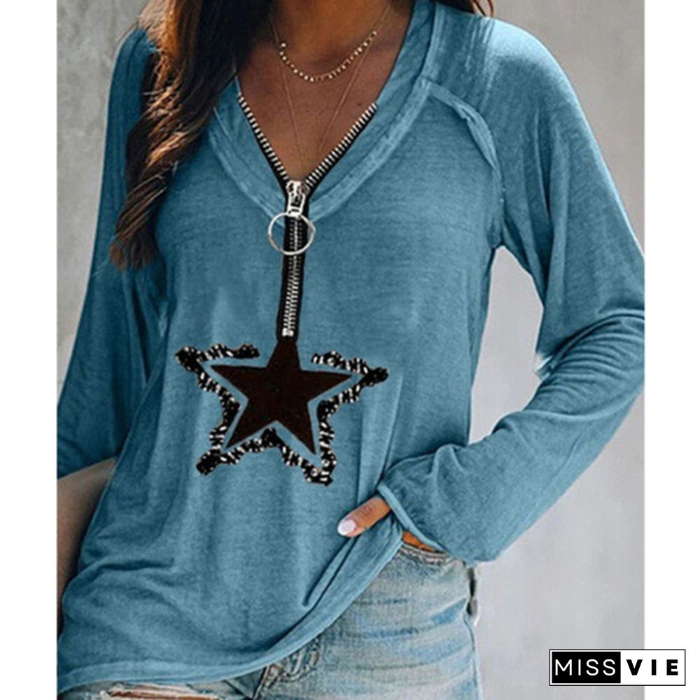 Women's T-shirt Summer Fashion Women's Five-pointed Star Printed Short Sleeve Zipper V-neck Casual T-shirt Loose Plus Size Soft and Comfortable Thin Shirt Top S-3XL