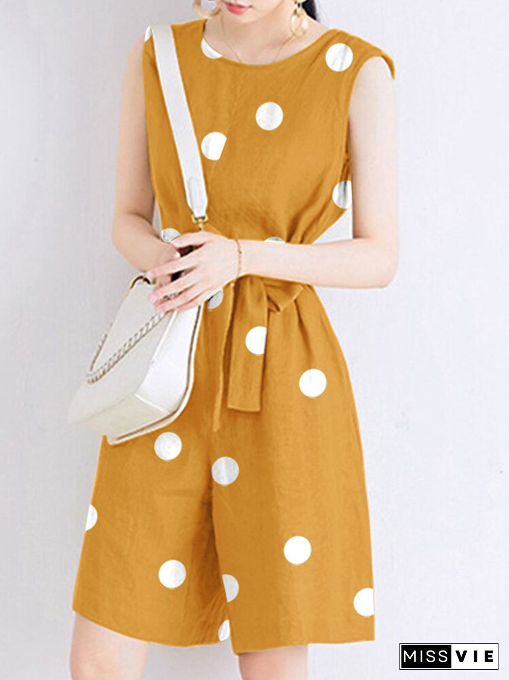 Dot Print Pocket Sleeveless Casual Romper With Belt