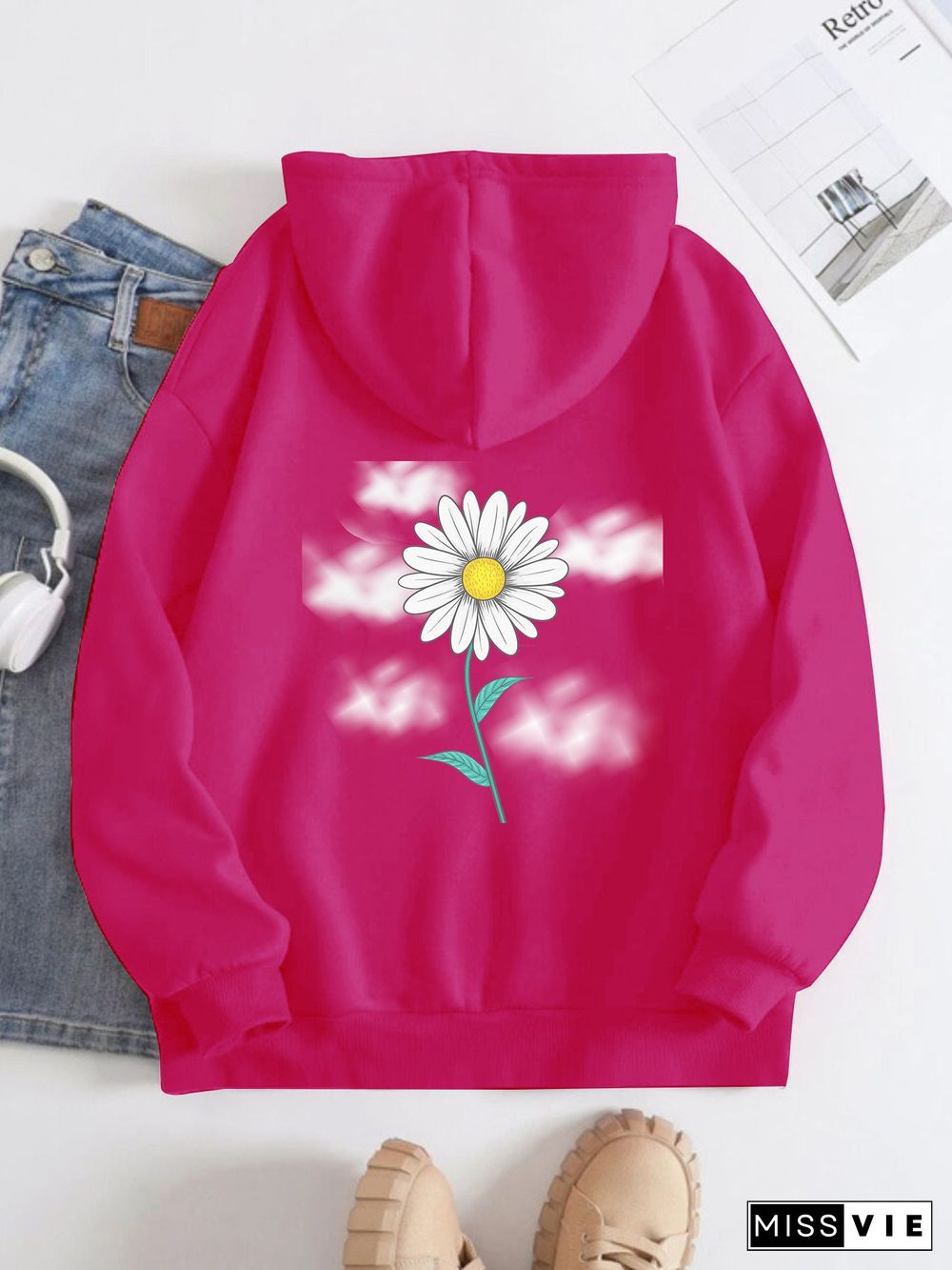 Printed on the Back Kangaroo Pocket Hoodie Long Sleeve for Women Pattern Flower