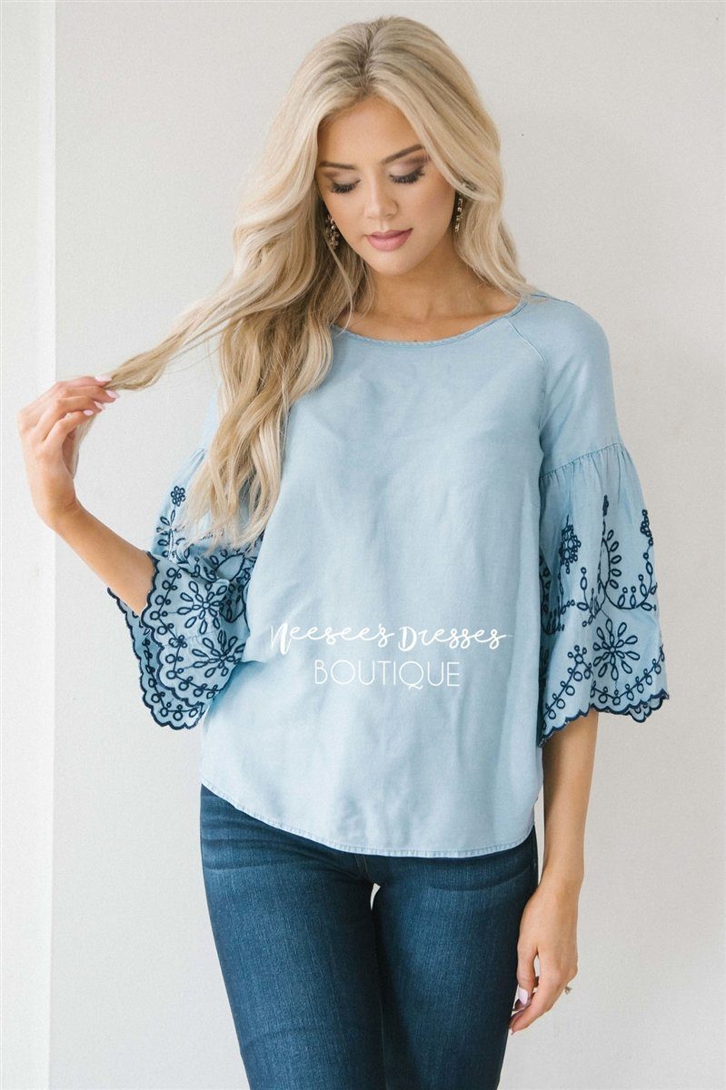 Embroidered Chambray Bell Sleeve Top