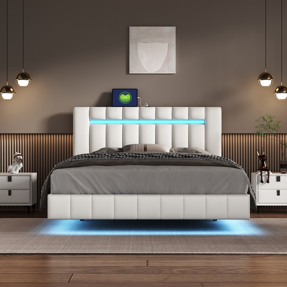 Queen Size PU Leather Upholstered Floating Platform Bed with LED Lights Bed Frame and USB Charging