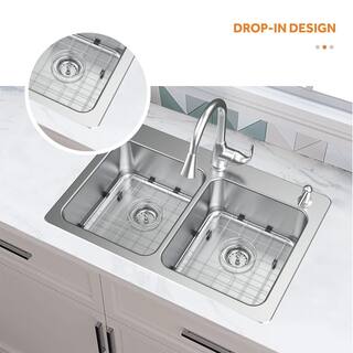 Glacier Bay Bratten Drop-InUndermount 18G Stainless Steel 33 in. 2-Hole 5050 Double Bowl Kitchen Sink with Accessories VT3322TA0ACC