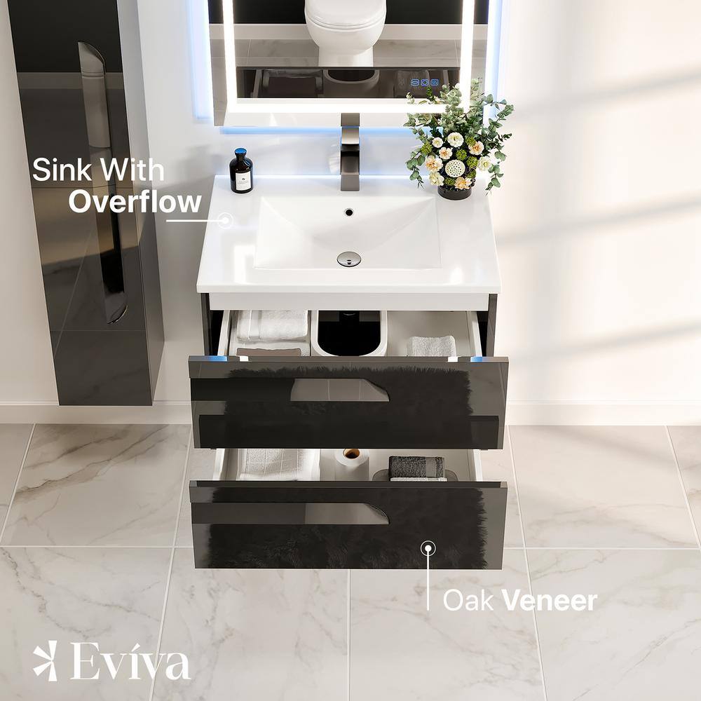 Eviva Joyous  32 in. W x 18 in. D x 22.5 in. H Floating Bath Vanity in Black with White Porcelain Top EVVN23-32BLK-WMN