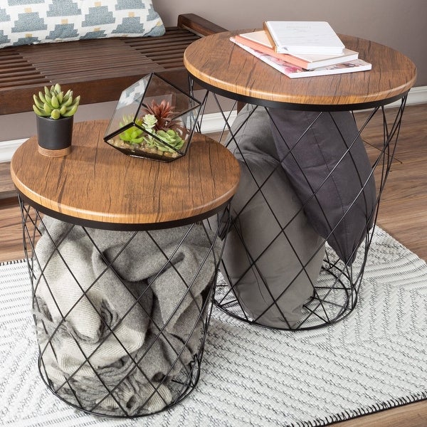 Set of 3 Living Room Tables - Metal Basket Storage with Removable Lids - 2 Small Side and 1 Large Accent Table (Brown/Black)