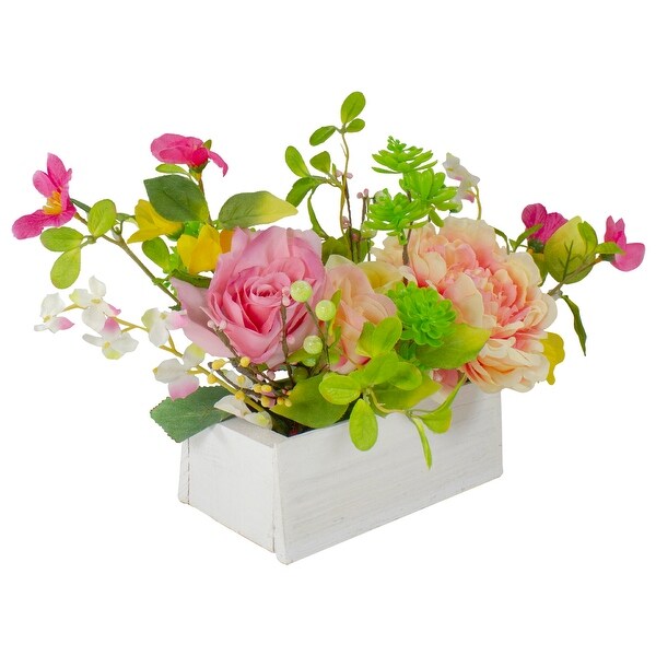 16 Pink White Artificial Spring Floral Foliage Arrangement in Planter